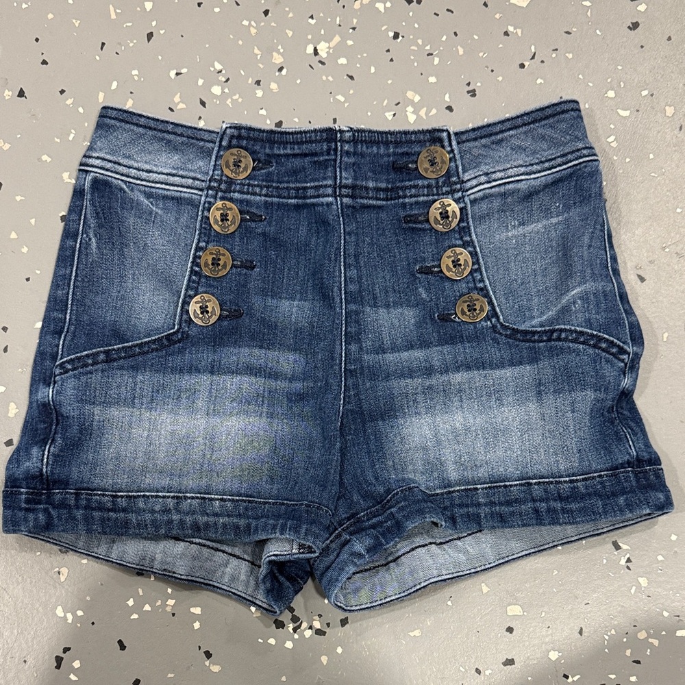 Express High-Waist Sailor Button Denim Shorts - Blue